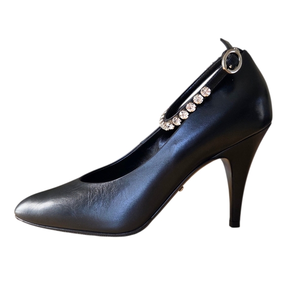 GUCCI Crystal Ankle Strap Leather Pumps Heels Black 37 Style # 590988